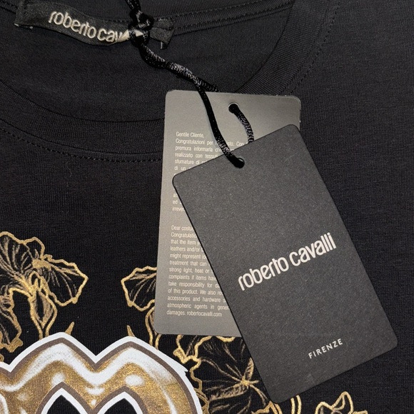 Roberto Cavalli Women’s Slim Fit Graphic T-Shirt Black Crew Neck, Size S - Picture 4 of 4